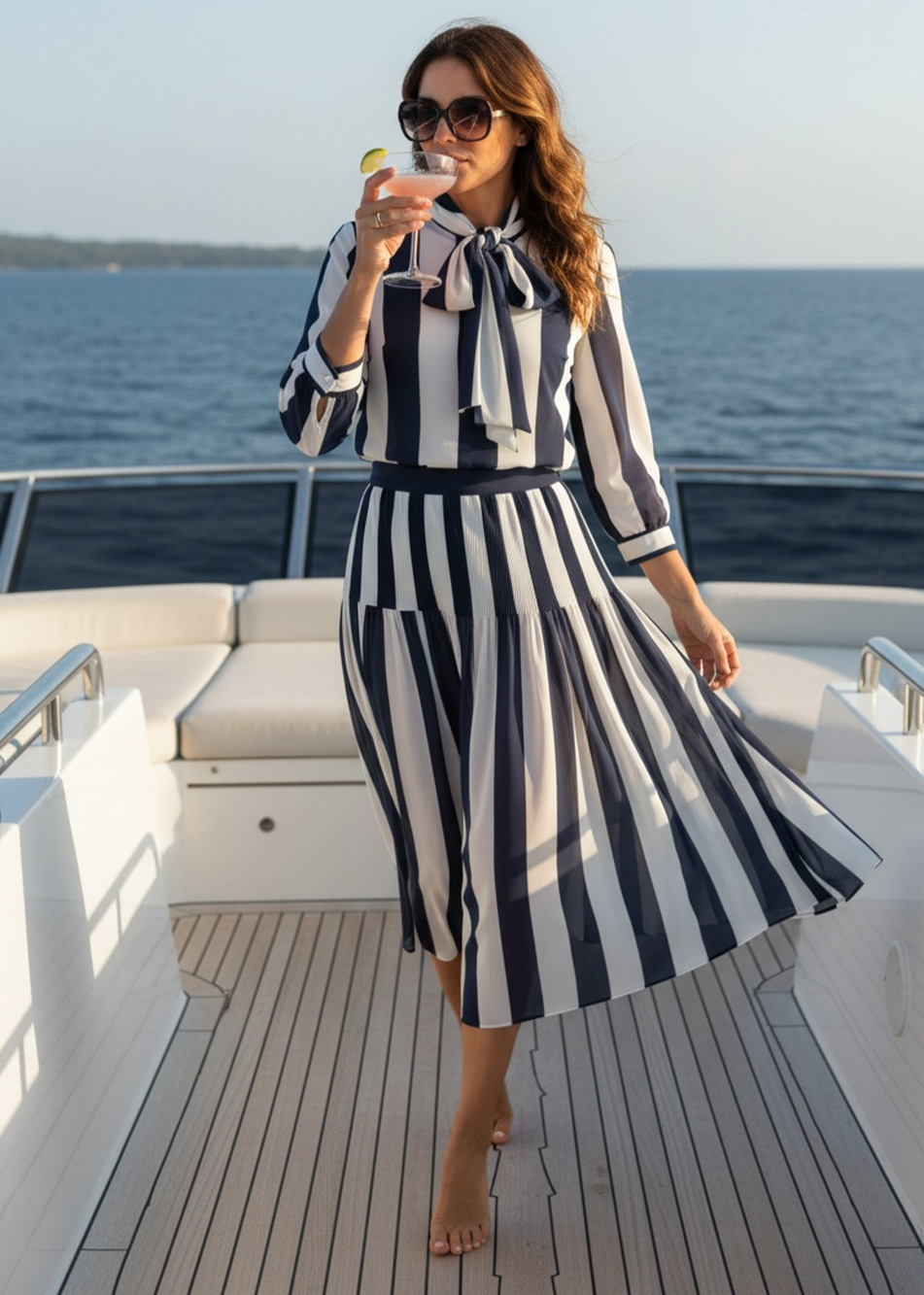 Vintage Damon II Navy White Stripe Secretary Dress Pleated Midi Bow Tie Nautical